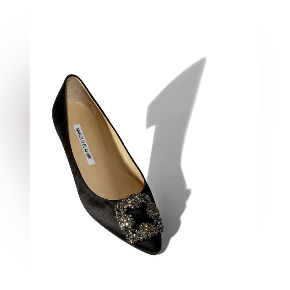 EUC Manolo Blahnik  Black Satin Jewel Buckle Flat Pumps